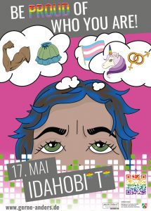 Plakat zum IDAHOBI*T* 2023 für die Jugendarbeit. Comic von einem Menschen mit blauen Haaren, der über geschlechtliche Identität und Sexualität nachdenkt.